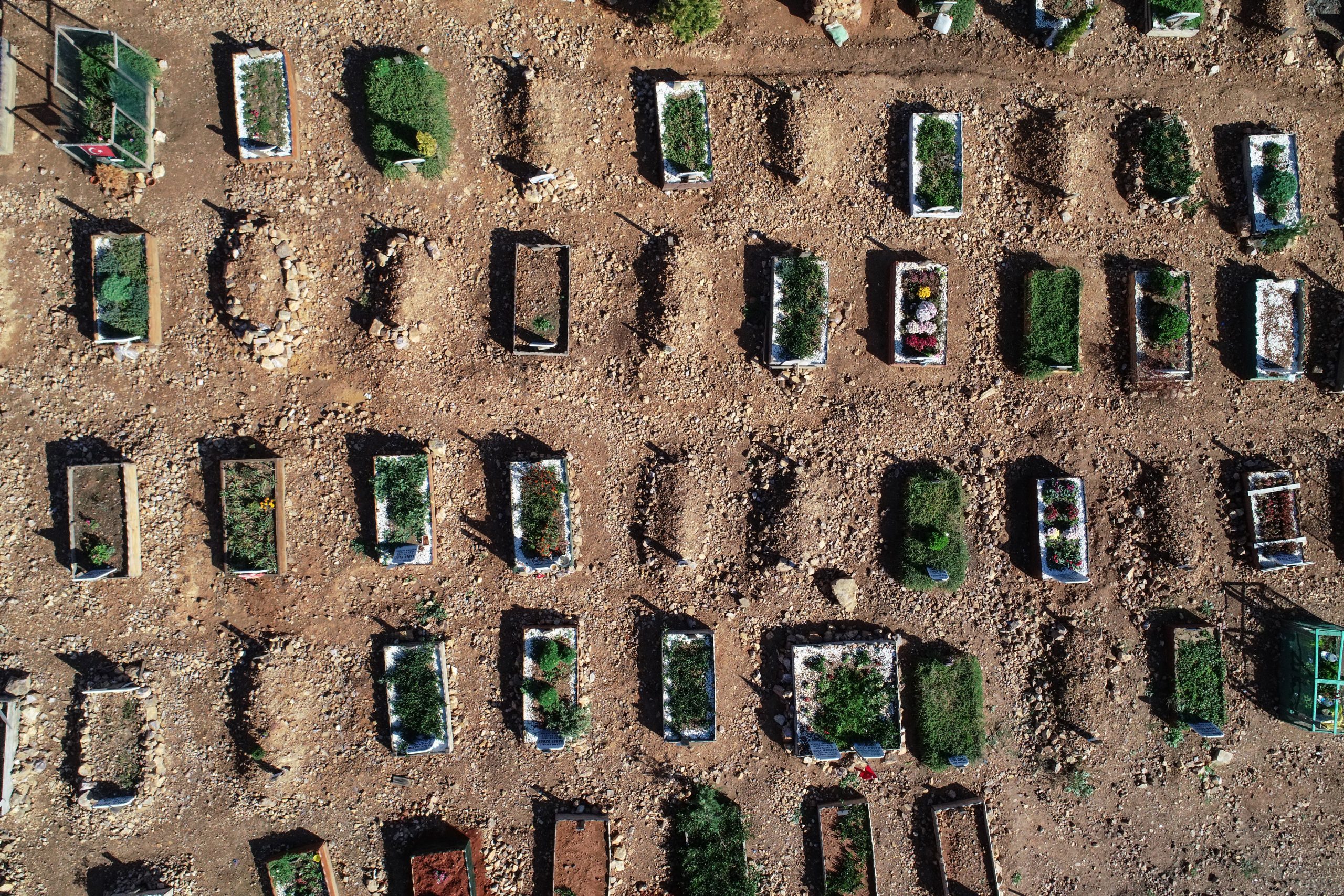 epa08837322 An aerial picture taken by drone shows newly buried graves of Covid-19 victims at the Baklaci cemetery in Istanbul, Turkey, 23 November 2020.  Istanbul mayor Ekrem Imamoglu said that 184 people died due to Covid-19 in Istanbul on 22 November 2020. The Turkish government has introduced partial curfews and other measures to curb increasing COVID-19 cases in the country, while health experts call for a full lockdown and more transparency in pandemic data.  EPA/ERDEM SAHIN