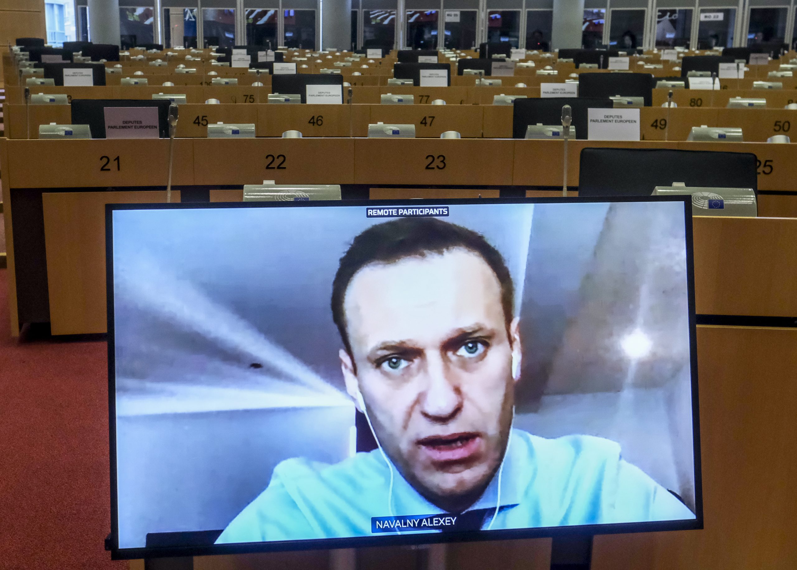 epa08845542 Russian opposition leader Alexey Navalny takes part at a video hearing by European Parliament Foreign Affairs committee in Brussels, Belgium, 27 November 2020. On 17 September 2020, the European Parliament adopted a resolution that strongly condemned the assassination attempt on Alexei Navalny. The parliament noted that the poison used, belonging to the 'Novichok group', could only be developed in state-owned military laboratories and not by private individuals, which strongly suggests that Russian authorities were behind the attack.  EPA/OLIVIER HOSLET