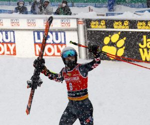 epa08864102 Filip Zubcic of Croatia celebrates on the podium after winning the Men's Giant Slalom race at the FIS Alpine Skiing World Cup in Santa Caterina Valfurva, near Sondrio, Italy, 05 December 2020.  EPA/CARLO ORLANDI