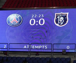 epa08871579 View of the scoreboard during the UEFA Champions League group H soccer match between Paris Saint-Germain (PSG) and Istanbul Basaksehir in Paris, France, 08 December 2020.  EPA/IAN LANGSDON
