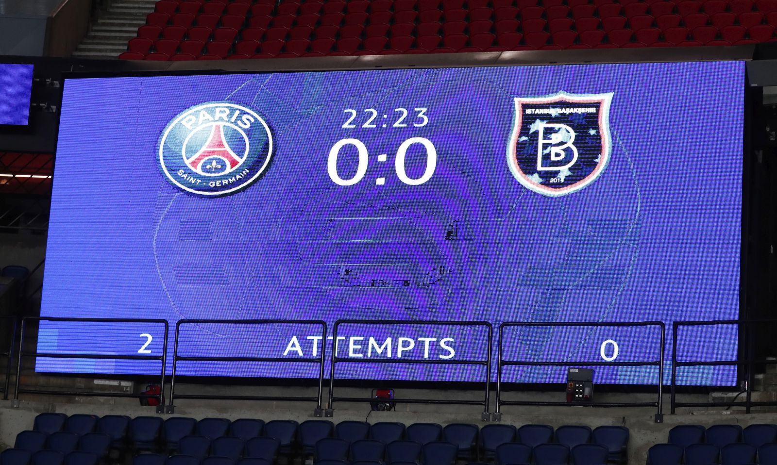 epa08871579 View of the scoreboard during the UEFA Champions League group H soccer match between Paris Saint-Germain (PSG) and Istanbul Basaksehir in Paris, France, 08 December 2020.  EPA/IAN LANGSDON