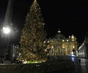 epa08877878 A handout picture, released by Vatican Media Press Office, showing a moment of the Christmas tree lighting and the inauguration of the Nativity scene in St Peter’s Square, Vatican City, 11 December 2020.  EPA/VATICAN MEDIA HANDOUT  HANDOUT EDITORIAL USE ONLY/NO SALES