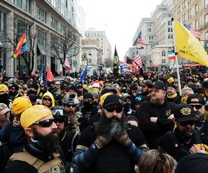 epa08880120 Members of the far-right group the Proud Boys gather in E street northwest before marching into Freedom Plaza, in Washington, DC, USA, 12 December 2020. Supporters of US President Donald J. Trump are gathering in Washington DC as part of the 'Million MAGA March' to support the President's baseless claims of voter fraud in the 2020 election.  EPA/GAMAL DIAB