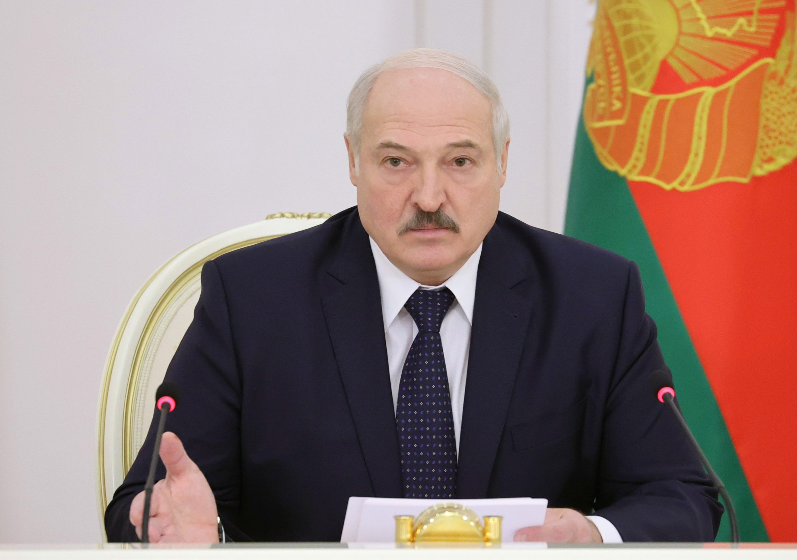 epa08868590 Belarusian President Alexander Lukashenko talks during a meeting for economy assessment for 2020 and a draft forecast documents for 2021 in Minsk, Belarus, 07 December 2020.  EPA/MAXIM GUCHEK/ POOL MANDATORY CREDIT