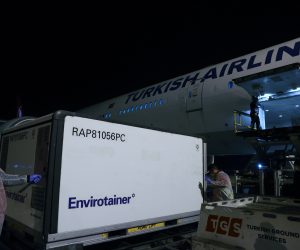 epa08911101 A handout photo made available by Turkish Health Ministry Press Office shows,  the first shipment of CoronaVac Covid-19 vaccines from the Chinese biopharmaceutical company Sinovac Biotech, unloaded from a plane upon its arrival at the Esenboga Airport, in Ankara, Turkey, 30 December 2020. Turkish government in November 2020 has signed a contract to buy 50 million doses of Chinese manufacturer Sinovac coronavirus vaccine ‘CoronaVac’, to be delivered in batches between December 2020 and February 2021.  EPA/AYTUG CAN SENCAR HANDOUT  HANDOUT EDITORIAL USE ONLY/NO SALES