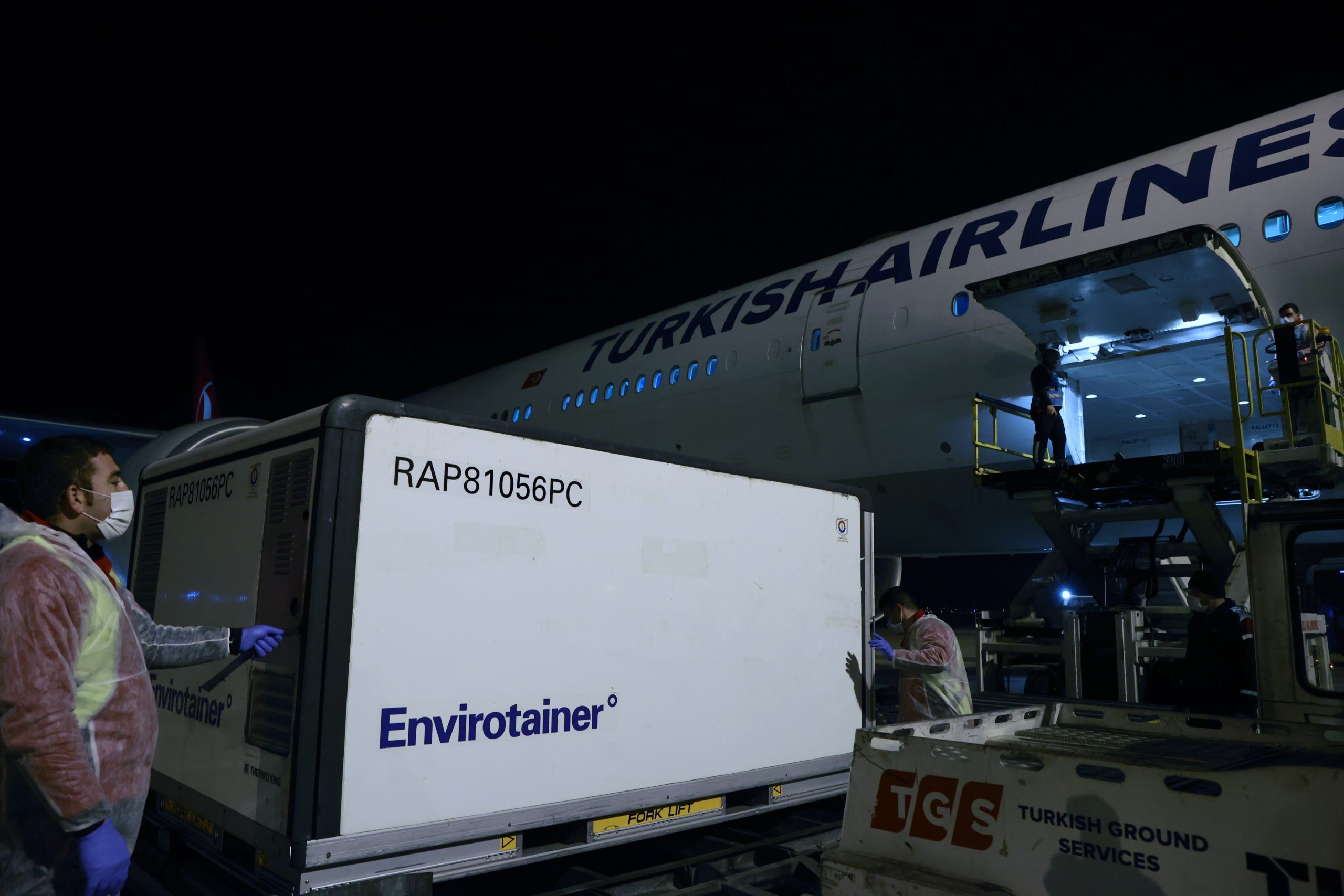 epa08911101 A handout photo made available by Turkish Health Ministry Press Office shows,  the first shipment of CoronaVac Covid-19 vaccines from the Chinese biopharmaceutical company Sinovac Biotech, unloaded from a plane upon its arrival at the Esenboga Airport, in Ankara, Turkey, 30 December 2020. Turkish government in November 2020 has signed a contract to buy 50 million doses of Chinese manufacturer Sinovac coronavirus vaccine ‘CoronaVac’, to be delivered in batches between December 2020 and February 2021.  EPA/AYTUG CAN SENCAR HANDOUT  HANDOUT EDITORIAL USE ONLY/NO SALES