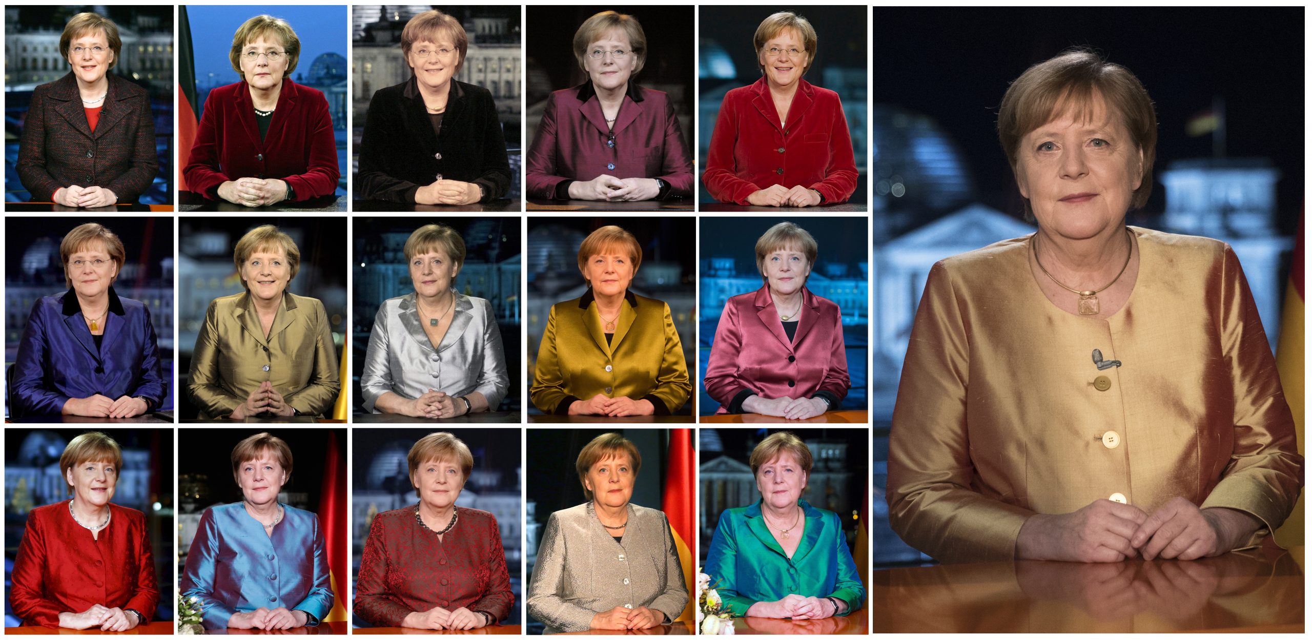 epa08911977 A composite image compiling 15 file photos of German Chancellor Angela Merkel during the respective recordings of her New Year's speeches in the last 15 years from 2005 to 2009 (upper row L-R), from 2010 to 2014 (center row L-R) and from 2015 to 2019 (bottom row L-R) and the most recent one (R) of her last New Year's address as German Chancellor at the Chancellery in Berlin, Germany, 30 December 2020.  EPA/VARIOUS *** Local Caption *** 51719278