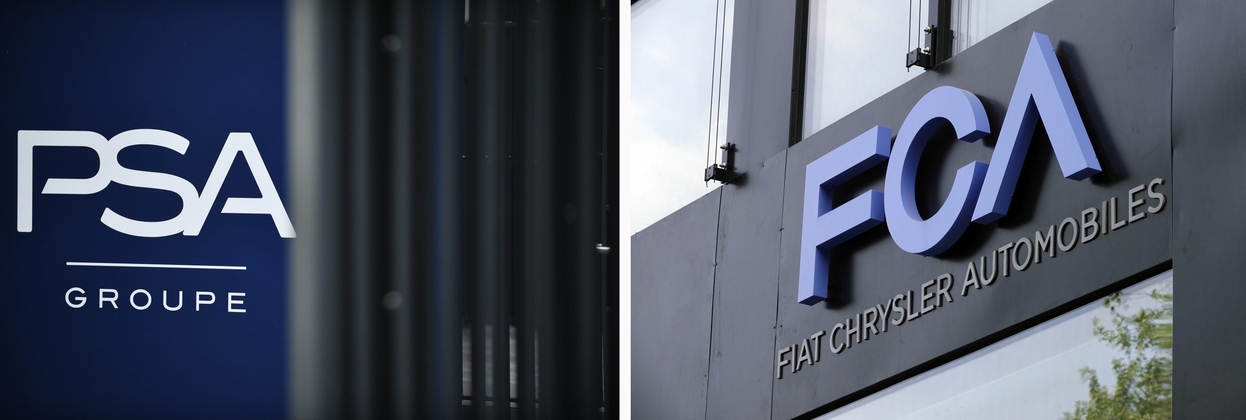 epa08918832 (FILE) - A view of signage at the PSA Group headquarters in Rueil-Malmaison, near Paris, France, 31 October 2019 (L) and signage of Italian-US car manufacturer FCA, Fiat Chrysler Automobiles, at an office building in Frankfurt am Main, Germany, 04 May 2018 (reissued 04 January 2021). Media reports on 04 January state SA Group  and FCA are on 04 May looking for approval from both companies' shareholders for their planned 52 billion USD merger deal. If approved, the deal would create world's 4th biggest car maker that the two plan to call  Stellantis.  EPA/JULIEN DE ROSA / MAURITZ ANTIN *** Local Caption *** 56457163