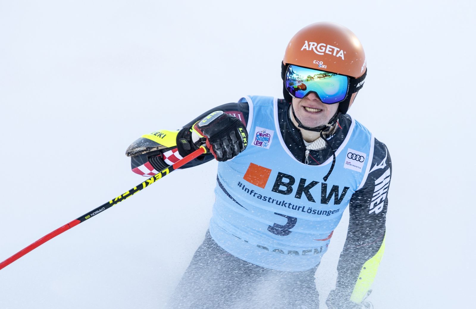 epa08926252 Filip Zubcic of Croatia reacts in the finish area during the second run of the men's giant slalom race at the FIS Alpine Skiing World Cup event in Adelboden, Switzerland, 08 January 2021.  EPA/PETER SCHNEIDER