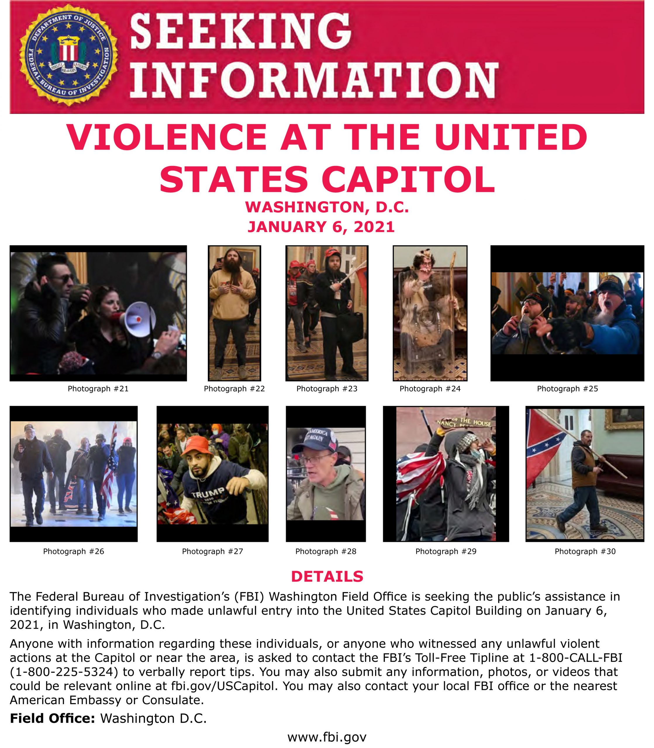 epa08926736 A handout photo made available by the Federal Bureau of Investigation (FBI) shows a notice asking for assistance in identifying suspects in connection with riots inside the US Capitol in Washington, DC, USA, 06 January 2021 (issued 08 January 2021). The FBI is asking the public to help identify persons who took part in a riot at the US Capitol. A crowd of Trump supporters had stormed inside the building, as Congress began counting the electoral college votes. Despite efforts by the mob to stop it, Congress certified Joe Biden's presidential election victory over Donald J. Trump.  EPA/FBI HANDOUT  HANDOUT EDITORIAL USE ONLY/NO SALES