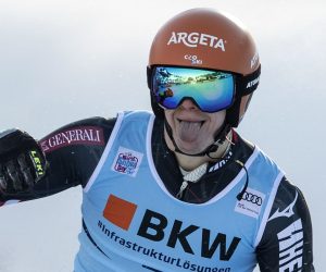 epa08926512 Filip Zubcic of Croatia reacts in the finish area during the second run of the men's giant slalom race at the FIS Alpine Skiing World Cup event in Adelboden, Switzerland, 08 January 2021.  EPA/PETER SCHNEIDER