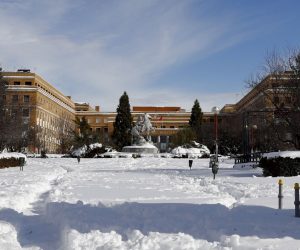 epa08930987 A general view of the Medicine Campus at Complutense University in Madrid, Spain, 11 January 2021. Schools and universities have been closed and bus services were suspended due after Storm Filomena hit the region.  EPA/BALLESTEROS