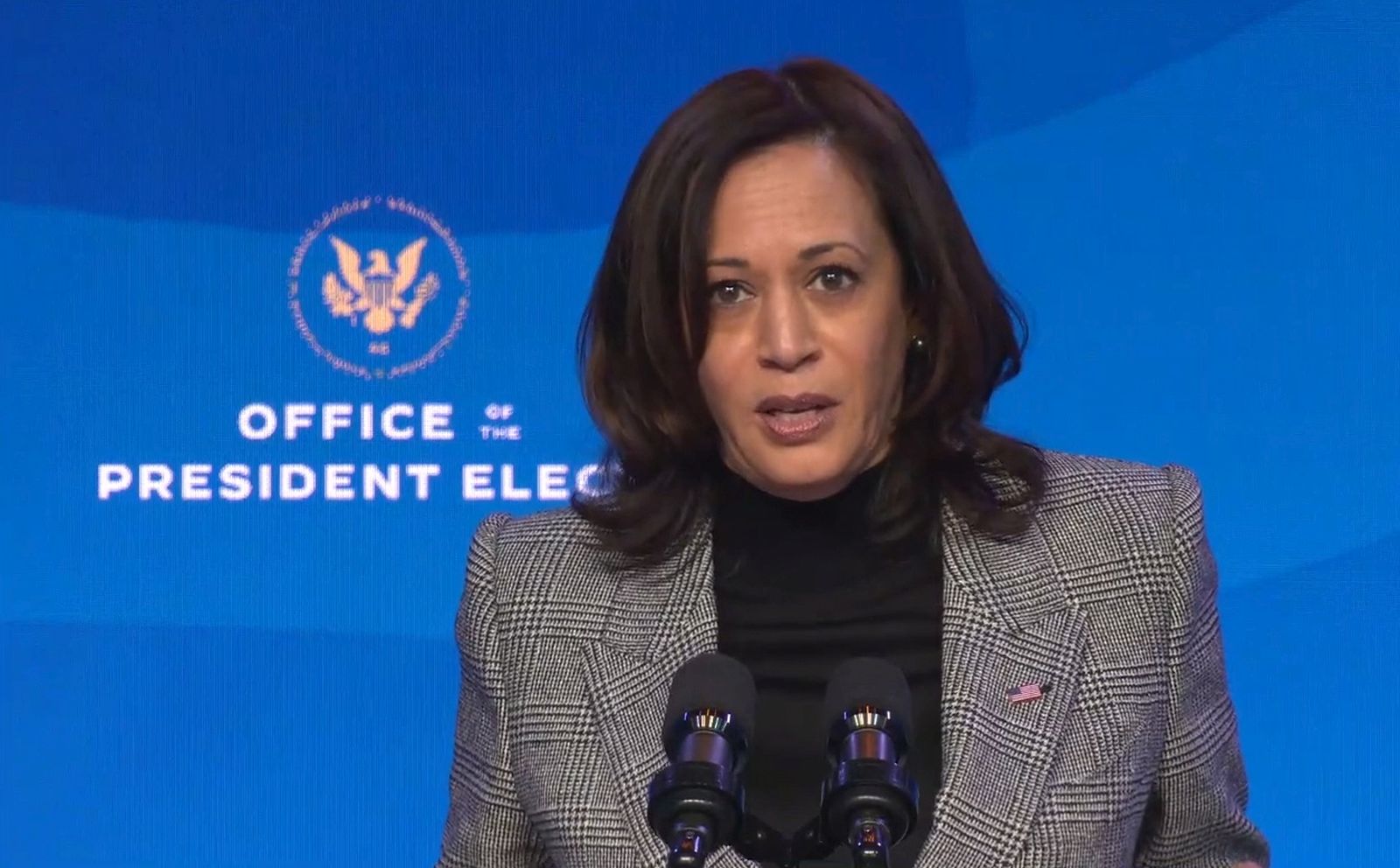 epa08942695 A frame grab from a handout video released by the Office of the President Elect shows US Vice President-Elect Kamala Harris speaking during a press conference in Wilmington, Delaware, USA, 16 January 2021. US President-Elect Joseph R. Biden announced the key members of his science team.  EPA/OFFICE OF THE PRESIDENT ELECT / HANDOUT  HANDOUT EDITORIAL USE ONLY/NO SALES