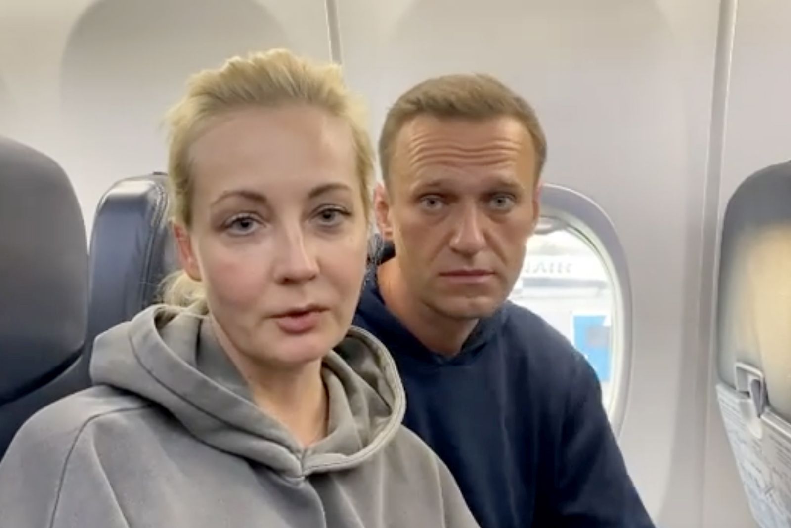 epa08943746 A frame grab of Alexei and Yulia Navalnaya taken from a video posted on the Instagram account @navalny shows Russian opposition Leader Alexei Navalny before his flight at the Berlin Brandenburg International Airport BER in Schoenefeld, Germany, 17 January 2021 Russian opposition leader Alexei Navalny plans to return to Russia on a scheduled flight to Moscow later in the afternoon on 17 January. He was treated at the Charite hospital in Berlin since 22 August 2020 for being poisoned with a nerve agent from the Novichok group and was discharged from acute inpatient care on 22 September 2020.  EPA/ALEXEI NAVALNY INSTAGRAM