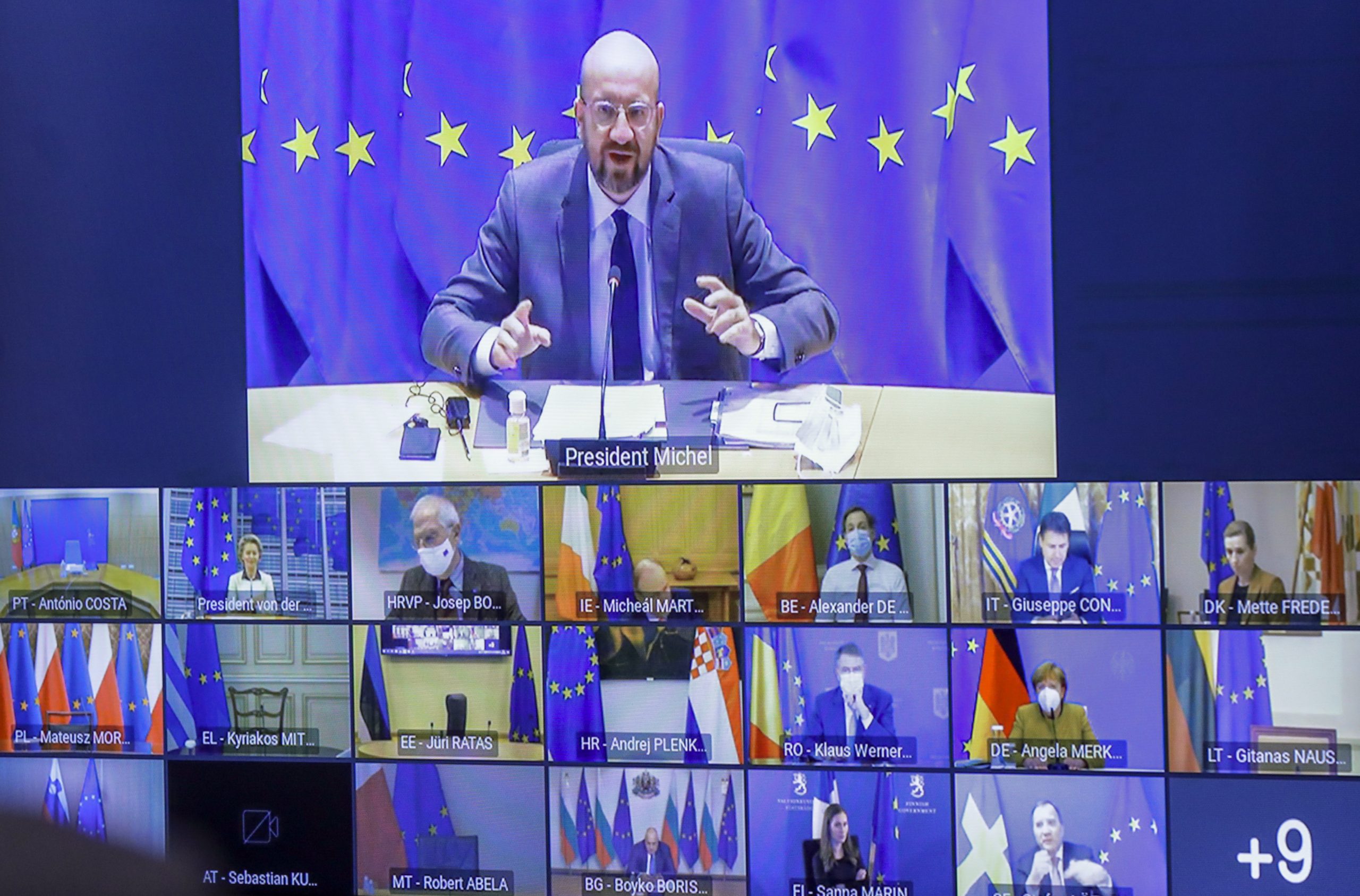 epa08956099 European Council President Charles Michel chairs a video conference of the members of the European Council on Covid-19, in Brussels, Belgium, 21 January 2021. The EU leaders will discuss coordination on the response to the COVID-19 pandemic, including the large-scale roll-out of vaccines and the deployment of all available instruments to limit the spread of the virus.  EPA/OLIVIER HOSLET / POOL