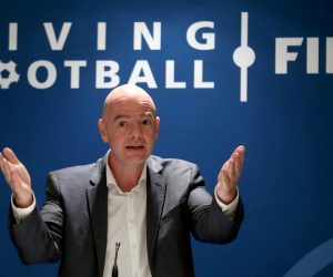 FILE PHOTO: FIFA's President Infantino gestures during a panel discussion in Zurich FILE PHOTO: FIFA's President Gianni Infantino gestures during a panel discussion at the FIFA headquarters in Zurich, Switzerland September 30, 2020. REUTERS/Arnd Wiegmann/File Photo ARND WIEGMANN