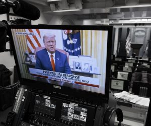 epa08936264 US President Donald J. Trump reads a a pre-recorded statement on recent and possible future political violence, seen on a monitor in the White House Briefing Room in Washington, DC, USA, 13 January 2021. US President Donald J. Trump was impeached for incitement of insurrection following the attack on the Capitol on 06 January as lawmakers worked to certify Joe Biden as the next President of the United States. This is the second time the US House of Representatives impeach Trump, making him the first President to be impeached twice.  EPA/Chris Kleponis / POOL