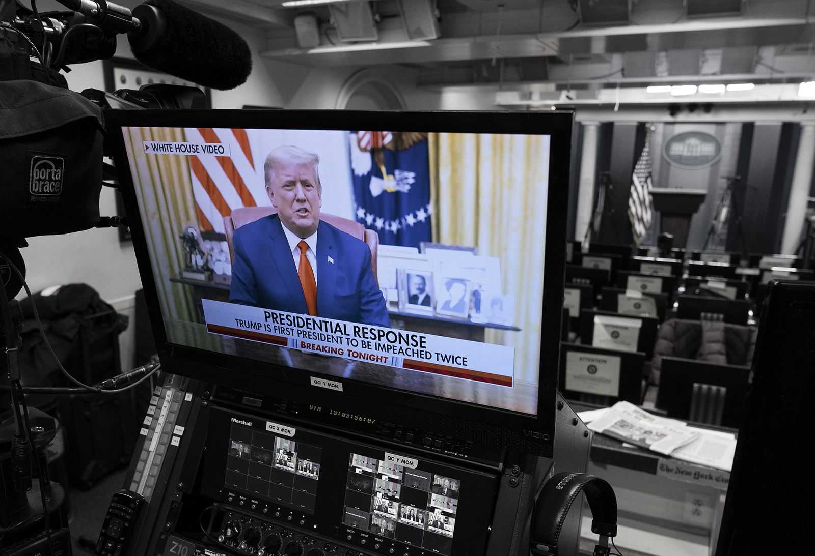 epa08936264 US President Donald J. Trump reads a a pre-recorded statement on recent and possible future political violence, seen on a monitor in the White House Briefing Room in Washington, DC, USA, 13 January 2021. US President Donald J. Trump was impeached for incitement of insurrection following the attack on the Capitol on 06 January as lawmakers worked to certify Joe Biden as the next President of the United States. This is the second time the US House of Representatives impeach Trump, making him the first President to be impeached twice.  EPA/Chris Kleponis / POOL