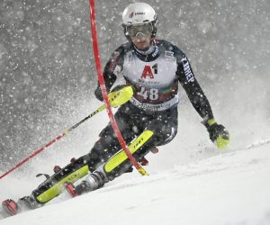 epa08967084 Samuel Kolega of Croatia in action during the first run of the men's Slalom race of the FIS Alpine Skiing World Cup event in Schladming, Austria, 26 January 2021.  EPA/CHRISTIAN BRUNA
