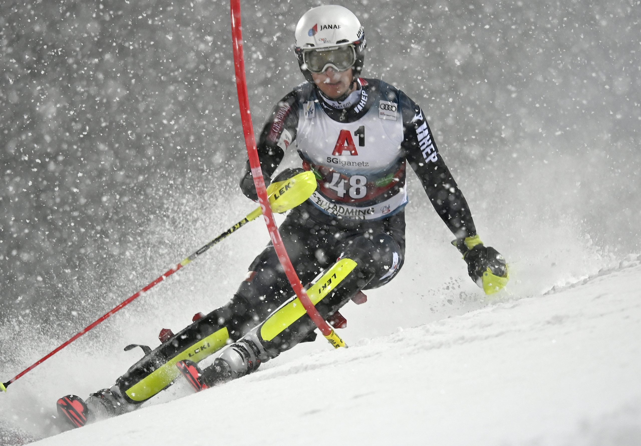 epa08967084 Samuel Kolega of Croatia in action during the first run of the men's Slalom race of the FIS Alpine Skiing World Cup event in Schladming, Austria, 26 January 2021.  EPA/CHRISTIAN BRUNA