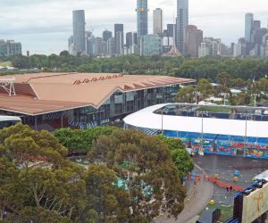 epa08972303 A general view of Melbourne Park ahead of next month's Australian Open tennis tournament, in Melbourne, Australia, 29 January 2021.  EPA/SCOTT BARBOUR AUSTRALIA AND NEW ZEALAND OUT