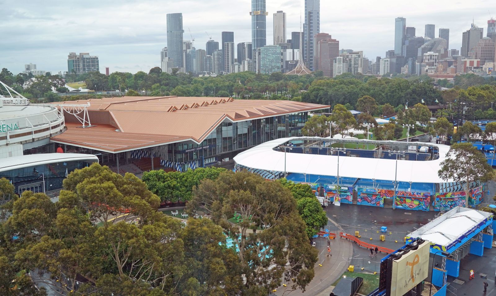 epa08972303 A general view of Melbourne Park ahead of next month's Australian Open tennis tournament, in Melbourne, Australia, 29 January 2021.  EPA/SCOTT BARBOUR AUSTRALIA AND NEW ZEALAND OUT