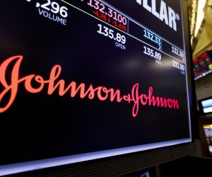 epa08973553 A screen shows the logo for the pharmaceutical company Johnson and Johnson on the floor of the New York Stock Exchange in New York, New York, USA, 29 May 2019 (reissued 29 January 2021). Johnson and Johnson on 29 January 2021 said their new single shot Covid-19 vaccine that had been tested in a trial since September 2020 on more than 44,000 volunteers, is 85 per cent effective in preventing severe illness, and 66 per cent effective in preventing symptomatic illnesses.  EPA/JUSTIN LANE *** Local Caption *** 55233447