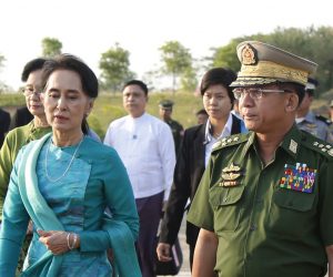 epa08979221 (FILE) - Senior General Min Aung Hlaing (R) and Myanmar Foreign Minister and State Counselor Aung San Suu Kyi (L) arrive to Naypyitaw International Airport in Naypyitaw, Myanmar, 06 May 2016 (reissued 01 February 2021). According to media reports, Myanmar's army has seized power after arresting leading politicians over allegations of fraud in the Novemeber democratic elections.  EPA/HEIN HTET  EPA-EFE/HEIN HTET *** Local Caption *** 56582681
