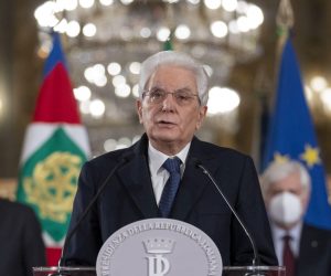 epa08982542 The President of the Republic Sergio Mattarella speaks to the press in the Salone delle Feste del Quirinale, after having met with the President of the Chamber Roberto Fico at the end of the two days of meetings between the different parties to try to form a new parliamentary major, in Rome, Italy, 02 February 2021.  EPA/PAOLO GIANDOTTI / QUIRINALE PRESS HANDOUT  HANDOUT EDITORIAL USE ONLY/NO SALES