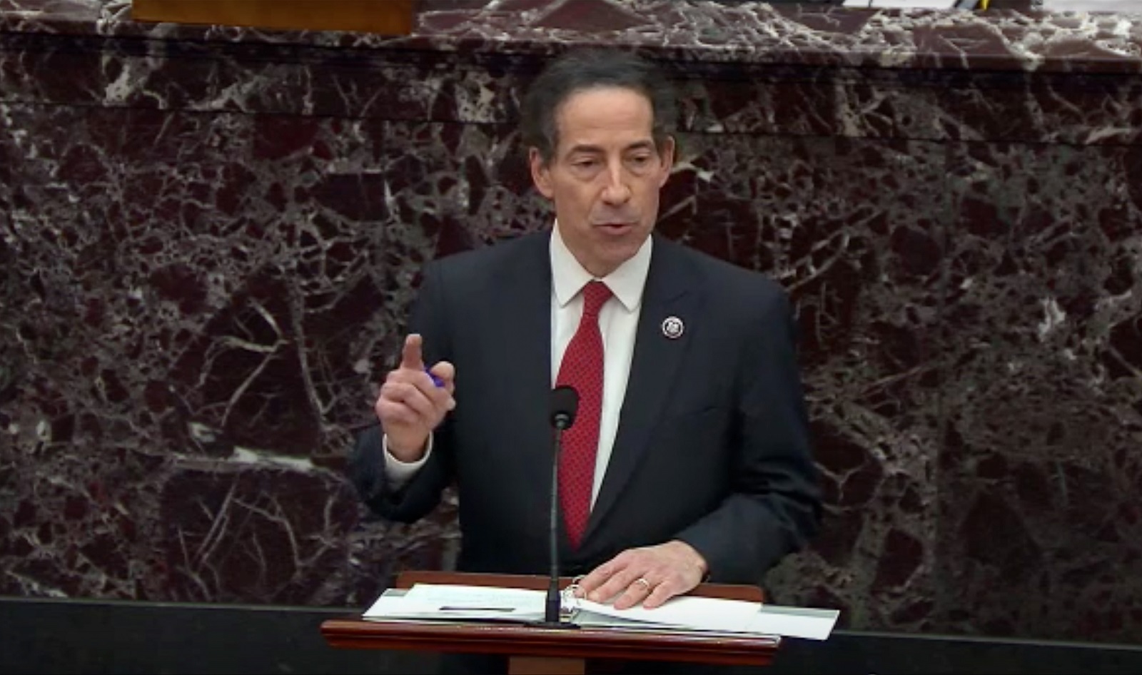 epa08999429 A screen grab from a live broadcast by the Sebate TV showing Representative Jamie Raskin, Manager on the Part of the House, addresses the US Congress during the second impeachment Trial of Former US President Donald J. Trump inside the US Capitol in Washington DC USA 09 February 2021. The second senate impeachment trial of former US President Donald J. Trump began today on charges of incitement of insurrection for his role in 06 January violent attack on the US Capitol.  EPA/SENATE TELEVSION HANDOUT  HANDOUT EDITORIAL USE ONLY/NO SALES