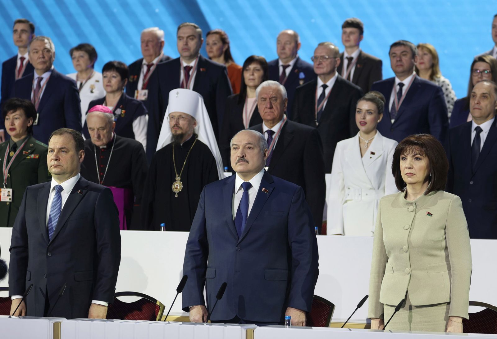 epa09003590 Belarusian President Alexander Lukashenko (C) attends the All Belarusian People's Assembly in Minsk, Belarus, 11 February 2021. Participants of the assembly will discuss social and political developments of the country.  EPA/MAXIM GUCHEK/ POOL