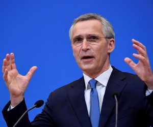 epa09019387 NATO Secretary General Jens Stoltenberg gestures as he addresses a press conference following a virtual meeting of defence ministers at NATO headquarters in Brussels, Belgium, on 17 February 2021.  EPA/JOHN THYS / POOL