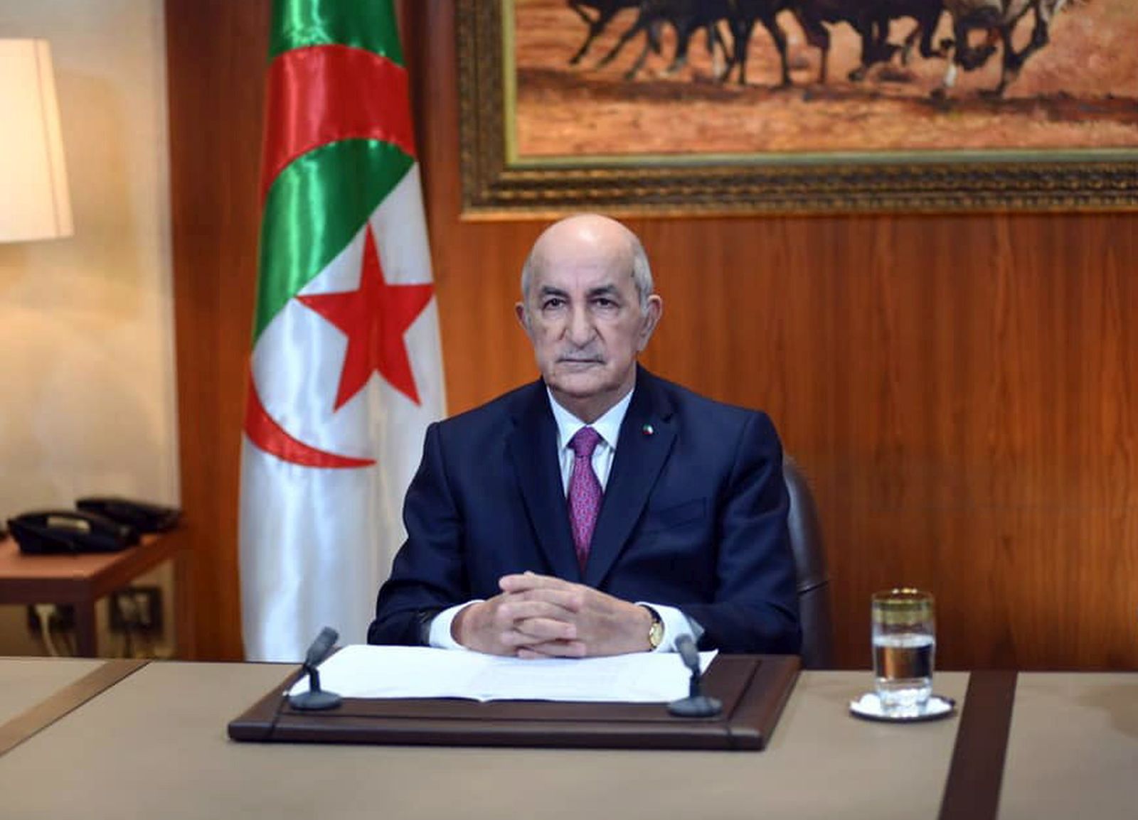 epa09022390 A handout photo made available by the Algeria Presidency Press Service shows Algerian President Abdelmadjid Tebboune during his speech at the Presidential Palace in Algiers, Algeria, 18 February 2021. Algerian President Abdelmadjid Tebboune announced, in a speech on television on 18 February, the dissolution of the current National People's Assembly (APN) and the organization of early legislative elections.  EPA/ALGERIA PRESIDENCY PRESS SERVICE / HANDOUT  HANDOUT EDITORIAL USE ONLY/NO SALES