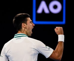 epa09027371 Novak Djokovic of Serbia reacts during his Men's singles finals match against Daniil Medvedev of Russia on Day 14 of the Australian Open Grand Slam tennis tournament at Melbourne Park in Melbourne, Australia, 21 February 2021.  EPA/DEAN LEWINS AUSTRALIA AND NEW ZEALAND OUT