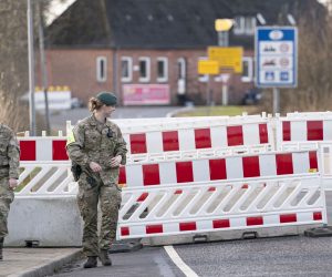 epa09027423 The Danish / German border at Mollehus closed on 21 February 2021. The closing happened after restrictions have been introduced in Flensburg due to a surge in COVID-19 infections in the city.  EPA/Claus Fisker DENMARK OUT