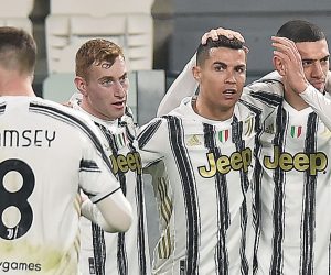 epa09030352 Juventus’ Cristiano Ronaldo jubilates after scoring the goal (2-0) during the italian Serie A soccer match Juventus FC vs FC Crotone at the Allianz stadium in Turin, Italy, 22 February 2021.  EPA/ALESSANDRO DI MARCO