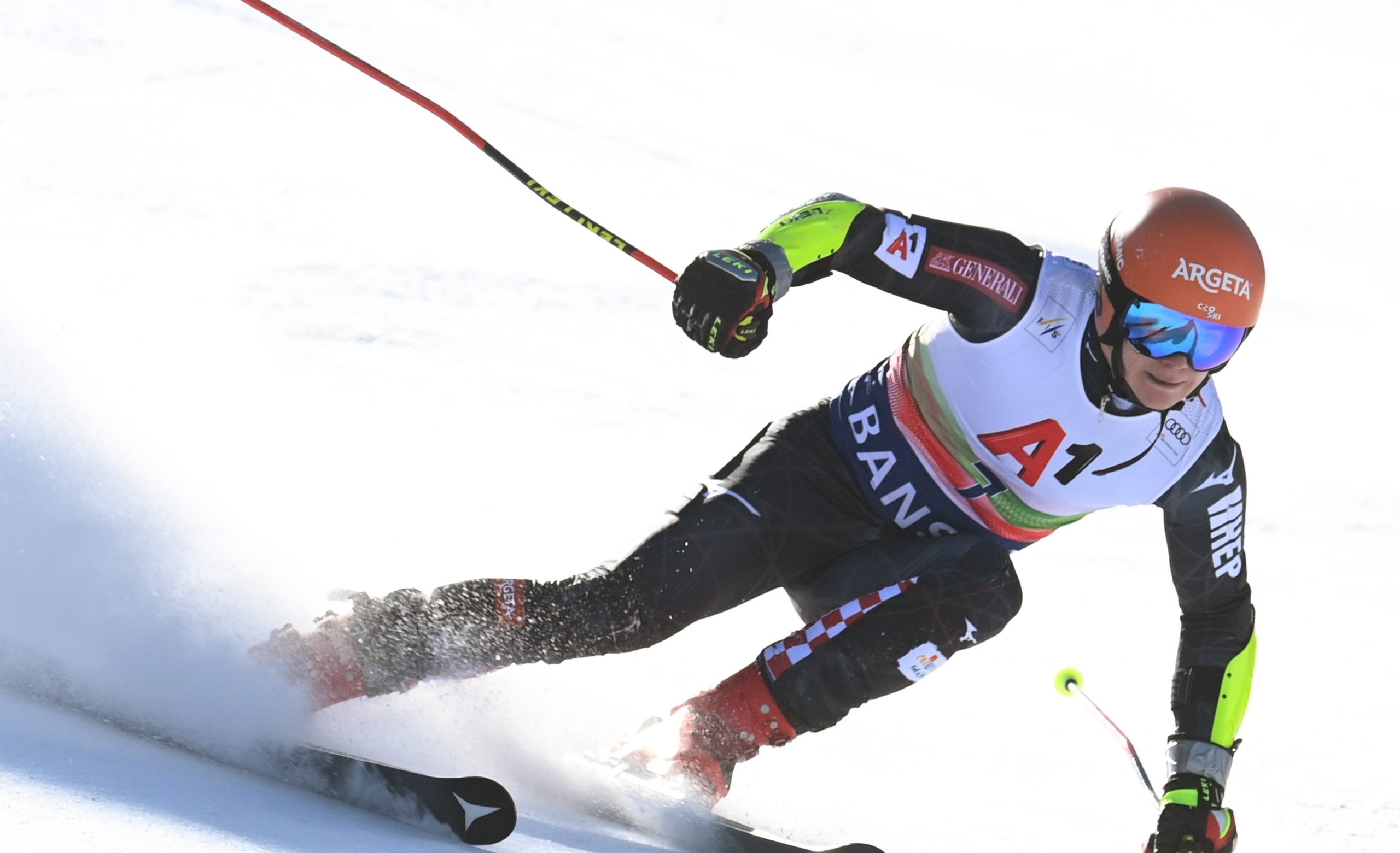 epa09039554 Filip Zubcic of Croatia in action during the Men's Giant Slalom 1st run at the FIS Alpine Skiing World Cup in Bansko, Bulgaria, 27 February 2021.  EPA/VASSIL DONEV