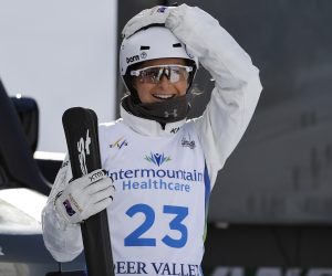 Freestyle Skiing: FIS Freestyle Ski World Cup 2021 Aerials Feb 6, 2021; Park City, Utah, USA; Danielle Scott (AUS) celebrates first place in the womenÕs aerials competition at Deer Valley. Mandatory Credit: Jeffrey Swinger-USA TODAY Sports Jeffrey Swinger
