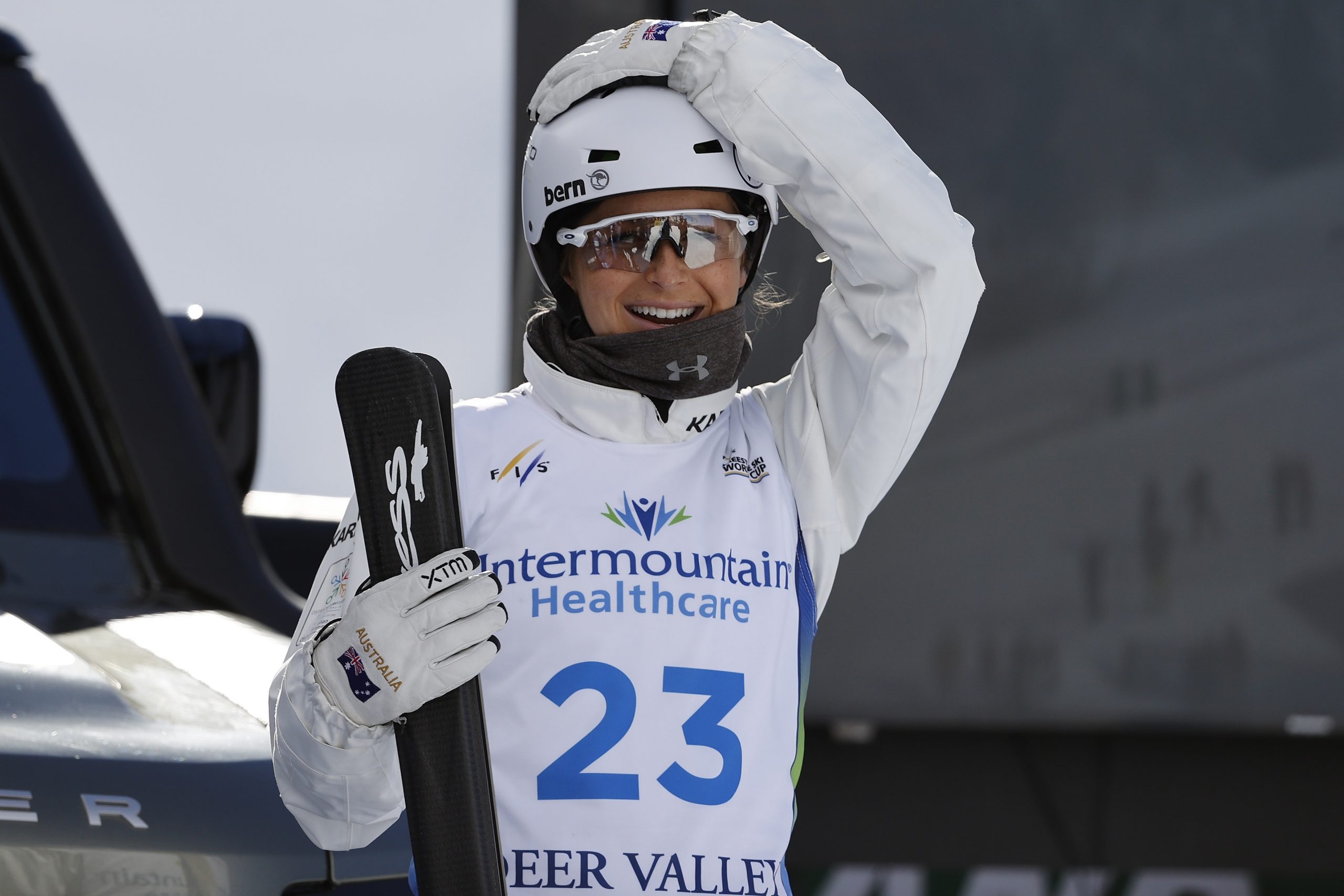 Freestyle Skiing: FIS Freestyle Ski World Cup 2021 Aerials Feb 6, 2021; Park City, Utah, USA; Danielle Scott (AUS) celebrates first place in the womenÕs aerials competition at Deer Valley. Mandatory Credit: Jeffrey Swinger-USA TODAY Sports Jeffrey Swinger