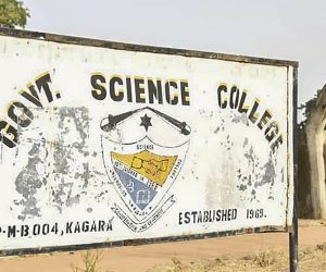 epa09021381 A signpost of the Government Science College where gunmen kidnapped students and staff in Kagara, Niger State, Nigeria 18 February 2021. According to local reports gunmen attacked a school in Kagara 17 February 2021 killing a student and abducting more than 40 students and teachers.  EPA/STR