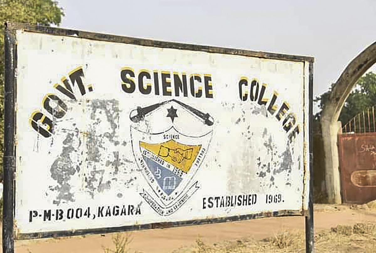 epa09021381 A signpost of the Government Science College where gunmen kidnapped students and staff in Kagara, Niger State, Nigeria 18 February 2021. According to local reports gunmen attacked a school in Kagara 17 February 2021 killing a student and abducting more than 40 students and teachers.  EPA/STR