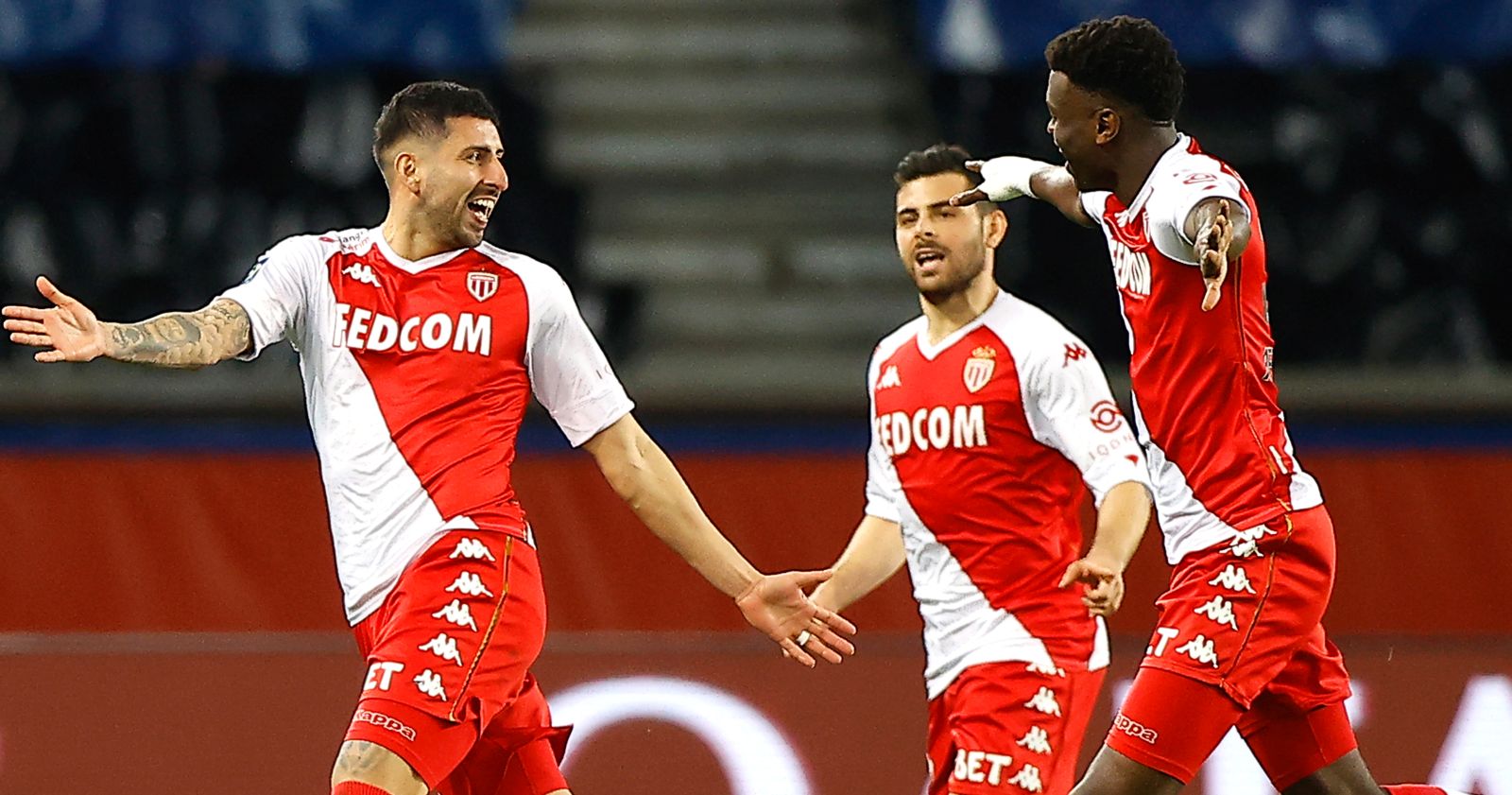 epa09028774 Guillermo Maripan (L) of Monaco celebrates with teammates after scoring the 2-0 lead during the French Ligue 1 soccer match between Paris Saint-Germain (PSG) and AS Monaco in Paris, France, 21 February 2021.  EPA/IAN LANGSDON