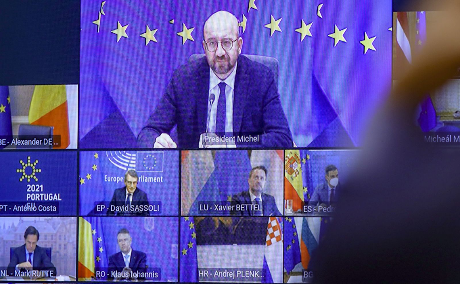epa09035726 European Council President Charles Michel at the start of a EU Council two-days video conference on the COVID-19 pandemic, in Brussels, Belgium, 25 February 2021. EU leaders will take stock of the epidemiological situation. They will continue working to coordinate the response to the COVID-19 pandemic, focusing in particular on the authorisation, production and distribution of vaccines and the movement of persons.  EPA/OLIVIER HOSLET / POOL
