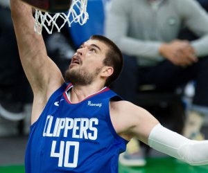 epa09047690 Los Angeles Clippers center Ivica Zubac tips the ball in during the fourth quarter of the NBA basketball game between the Los Angeles Clippers aand Boston Celtics at the TD Garden in Boston, Massachusetts, USA, 02 March 2021.  EPA/CJ GUNTHER SHUTTERSTOCK OUT