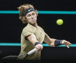 epa09054454 Andrey Rublev of Russia during his match against Jeremy Chardy of France on the fifth day of the ABN AMRO World Tennis Tournament in Rotterdam, The Netherlands, 05 March 2021.  EPA/KOEN SUYK