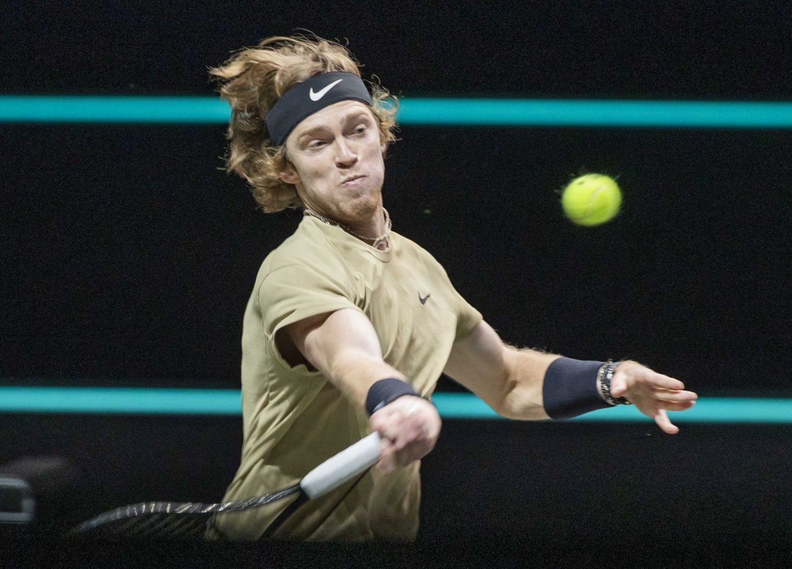 epa09054454 Andrey Rublev of Russia during his match against Jeremy Chardy of France on the fifth day of the ABN AMRO World Tennis Tournament in Rotterdam, The Netherlands, 05 March 2021.  EPA/KOEN SUYK