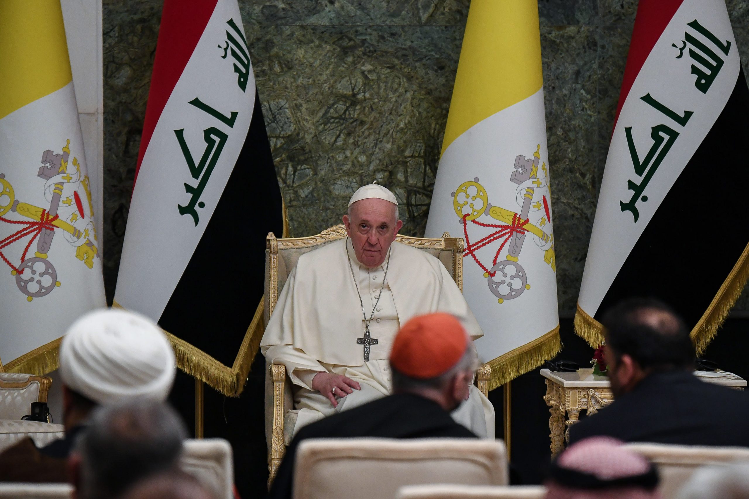 epa09054724 Pope Francis attends a meeting with authorities, civil society and the diplomatic corps in the hall of the Presidential palace in Baghdad, Iraq, 05 March 2021. Pope Francis is visiting Iraq for an Apostolic Journey from 05 to 08 March 2021.  EPA/ALESSANDRO DI MEO