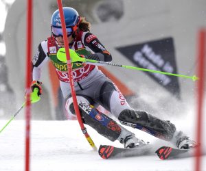 epa09055939 Petra Vlhova of Slovakia clears a gate during the first run of the Women's Slalom race at the FIS Alpine Skiing World Cup in Jasna, Slovakia, 06 March 2021.  EPA/str