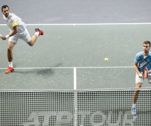 epa09058992 Nicola Mektic (R) and Mate Pavic of Croatia, L in action during the doubles final against Kevin Krawietz of Germany and Horia Tecau  of Romania at the ABN AMRO World Tennis Tournament in Rotterdam, Netherlands, 07 March 2021.  EPA/Koen Suyk