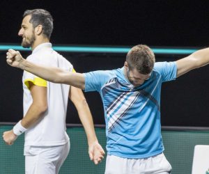 epa09059140 Nicola Mektic and Mate Pavic (L) of Croatia celebrate winning the doubles final against Kevin Krawietz of Germany and Horia Tecau  of Romania at the ABN AMRO World Tennis Tournament in Rotterdam, Netherlands, 07 March 2021.  EPA/Koen Suyk